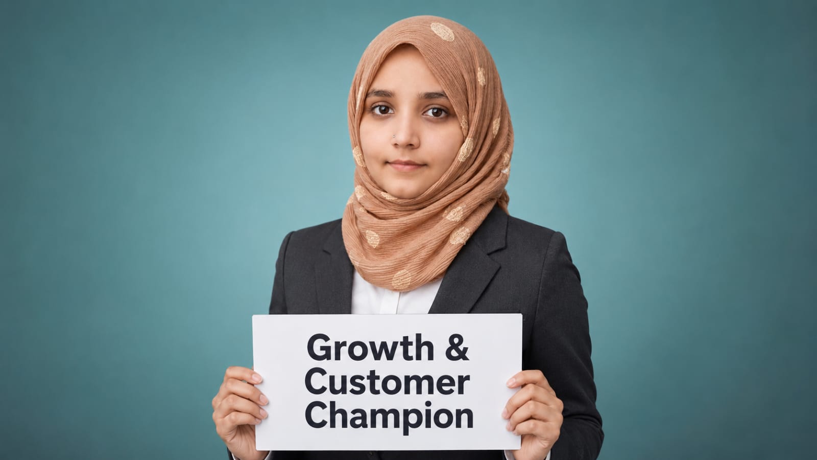 Munazza Zaidi holding a Growth and Customer Champion sign