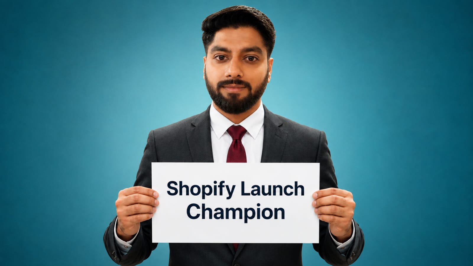 Puneet Yadav holding a Shopify Launch Champion sign