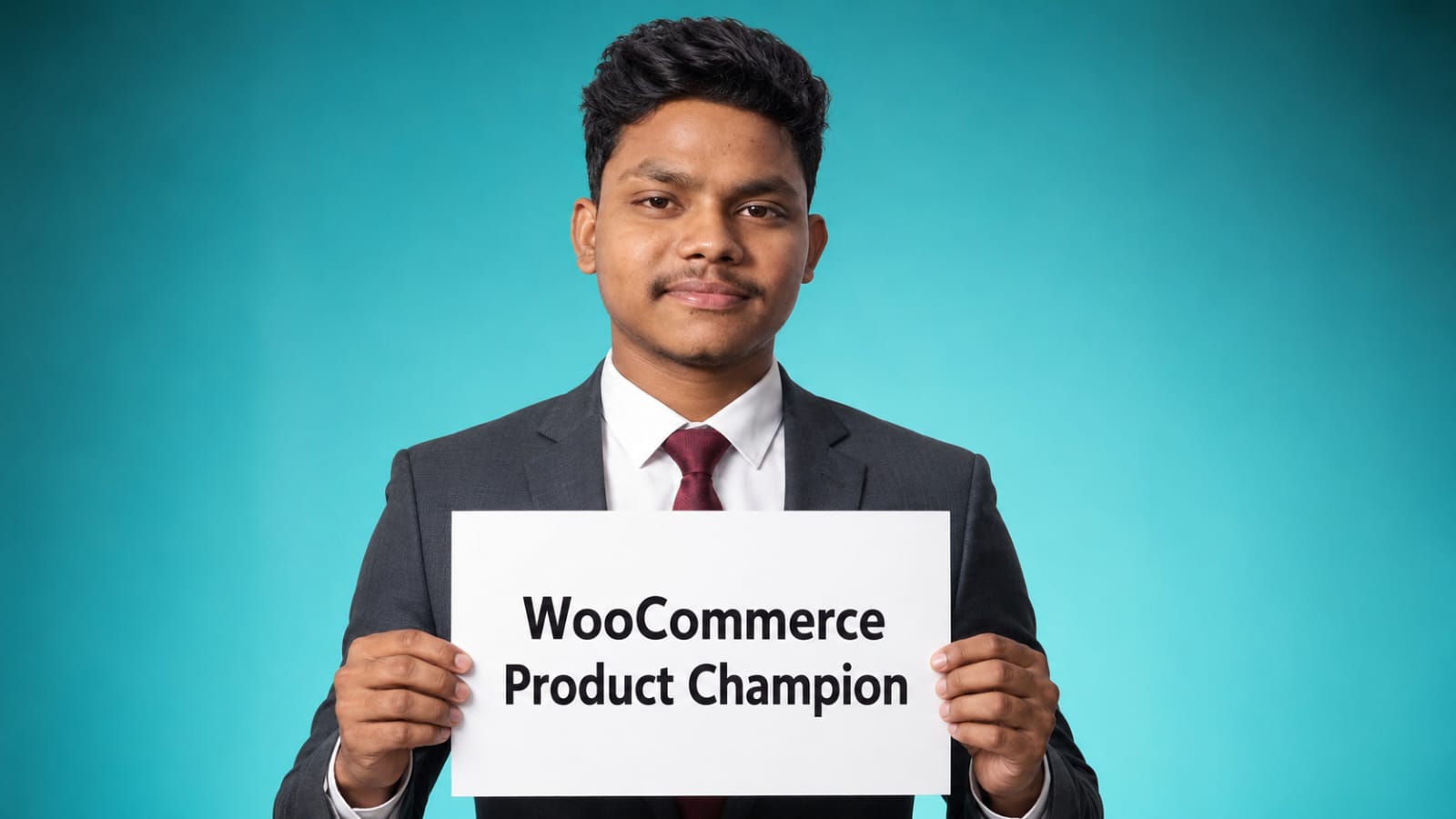 Sayan Das holding a WooCommerce Product Champion sign